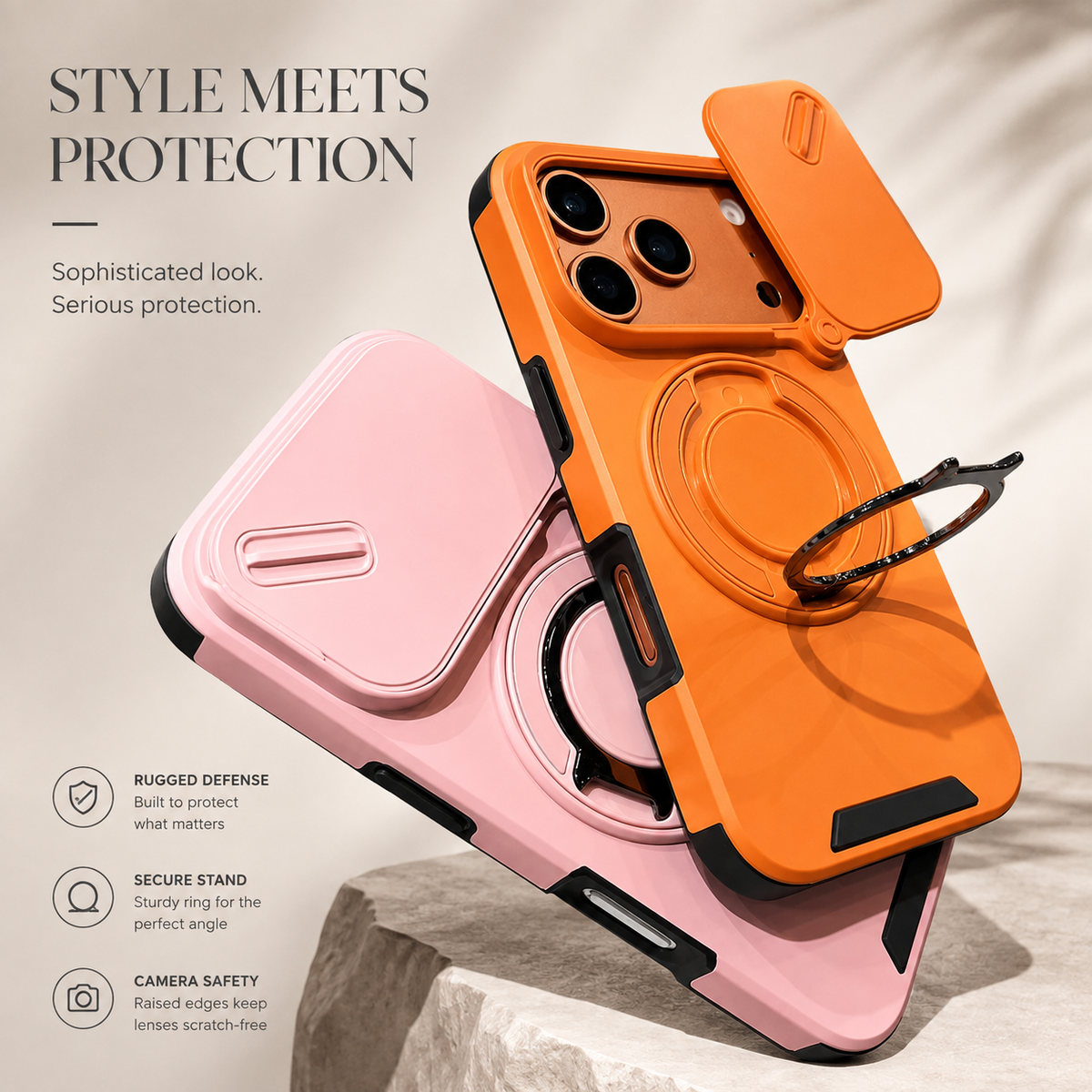 Premium iPhone Case Magnetic Rugged Armor Shockproof Protective Cover Ring Kickstand Camera Lens Protection PC TPU Metal Anti Slip Reinforced Full Coverage