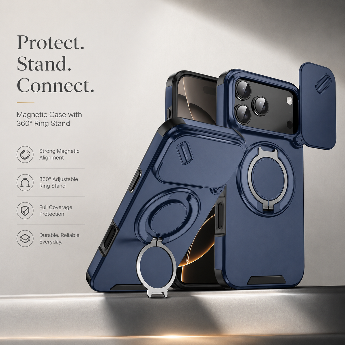 Premium iPhone Case Magnetic Rugged Armor Shockproof Protective Cover Ring Kickstand Camera Lens Protection PC TPU Metal Anti Slip Reinforced Full Coverage