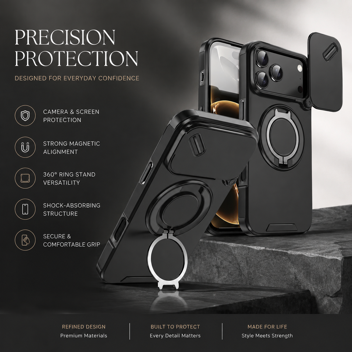 Premium iPhone Case Magnetic Rugged Armor Shockproof Protective Cover Ring Kickstand Camera Lens Protection PC TPU Metal Anti Slip Reinforced Full Coverage