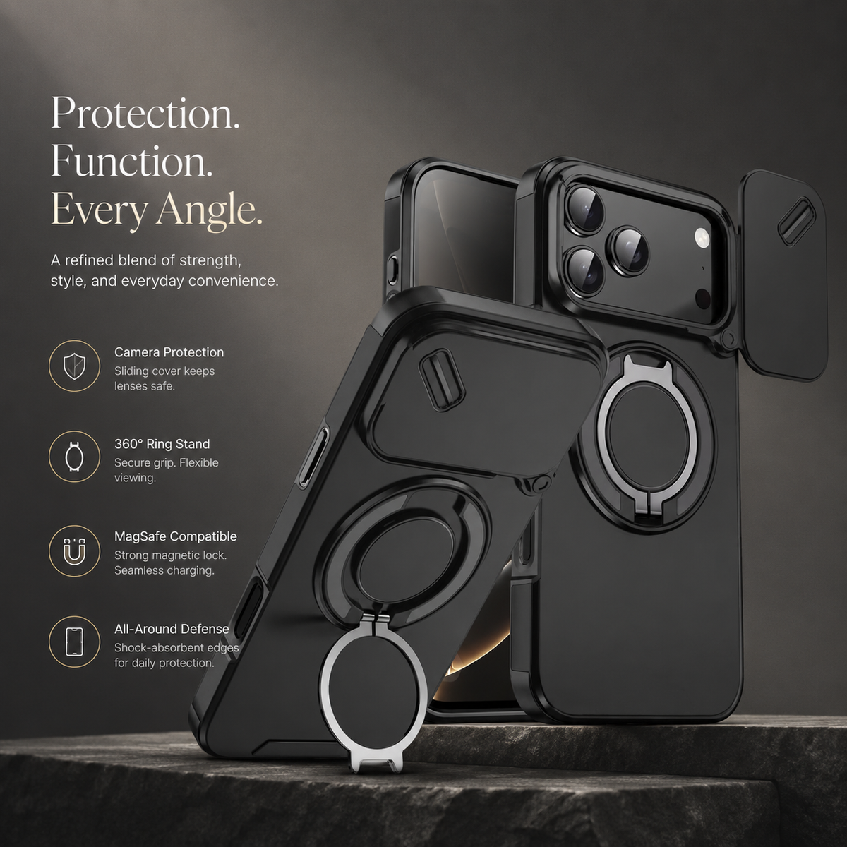 Premium iPhone Case Magnetic Rugged Armor Shockproof Protective Cover Ring Kickstand Camera Lens Protection PC TPU Metal Anti Slip Reinforced Full Coverage