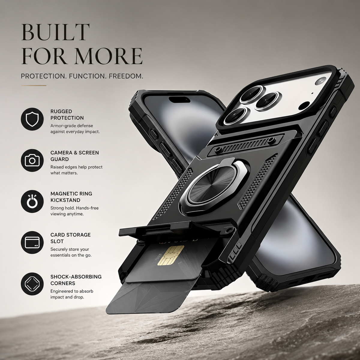 Premium iPhone Case Magnetic Wallet Cover Rotating Ring Kickstand Heavy Duty Drop Protection Card Holder Shockproof Camera Lens Guard Slim Design