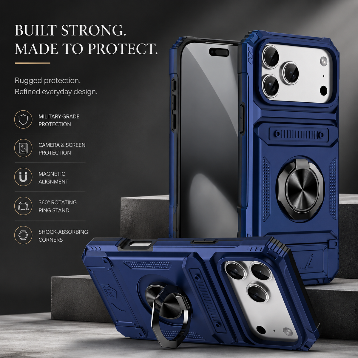 Premium iPhone Case Magnetic Wallet Cover Rotating Ring Kickstand Heavy Duty Drop Protection Card Holder Shockproof Camera Lens Guard Slim Design