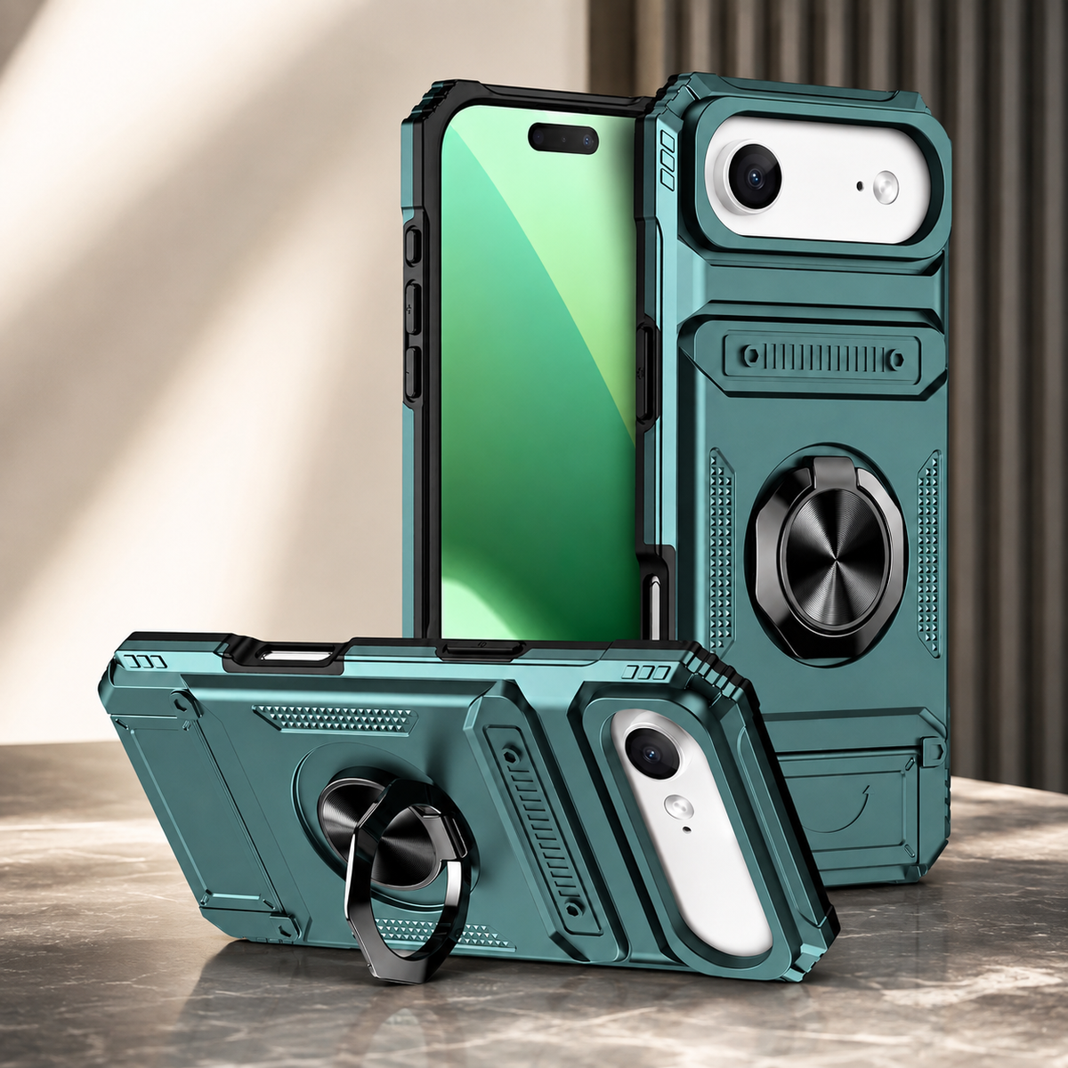 Premium iPhone Case Magnetic Wallet Cover Rotating Ring Kickstand Heavy Duty Drop Protection Card Holder Shockproof Camera Lens Guard Slim Design