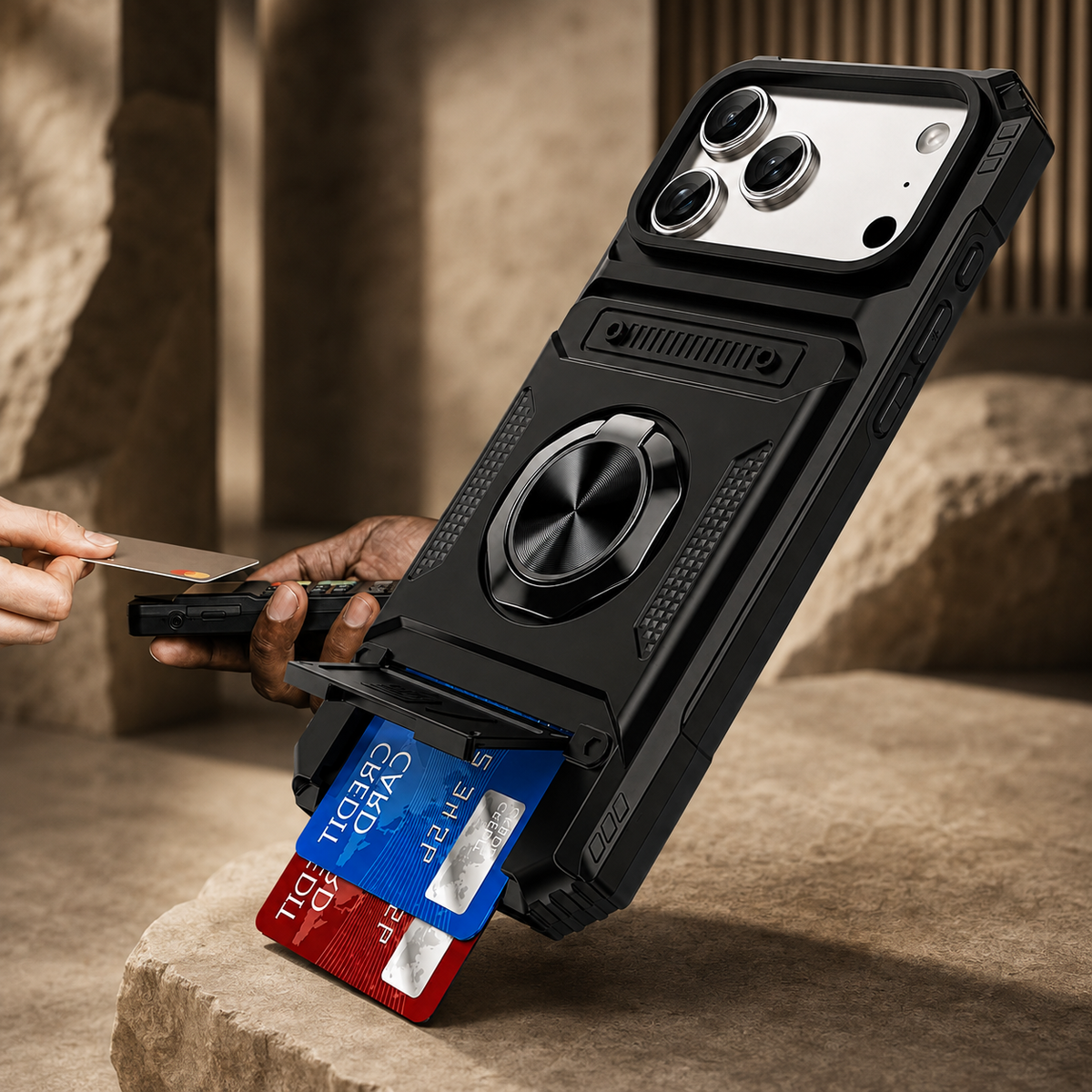 Premium iPhone Case Magnetic Wallet Cover Rotating Ring Kickstand Heavy Duty Drop Protection Card Holder Shockproof Camera Lens Guard Slim Design