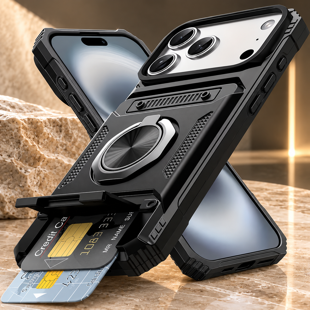 Premium iPhone Case Magnetic Wallet Cover Rotating Ring Kickstand Heavy Duty Drop Protection Card Holder Shockproof Camera Lens Guard Slim Design
