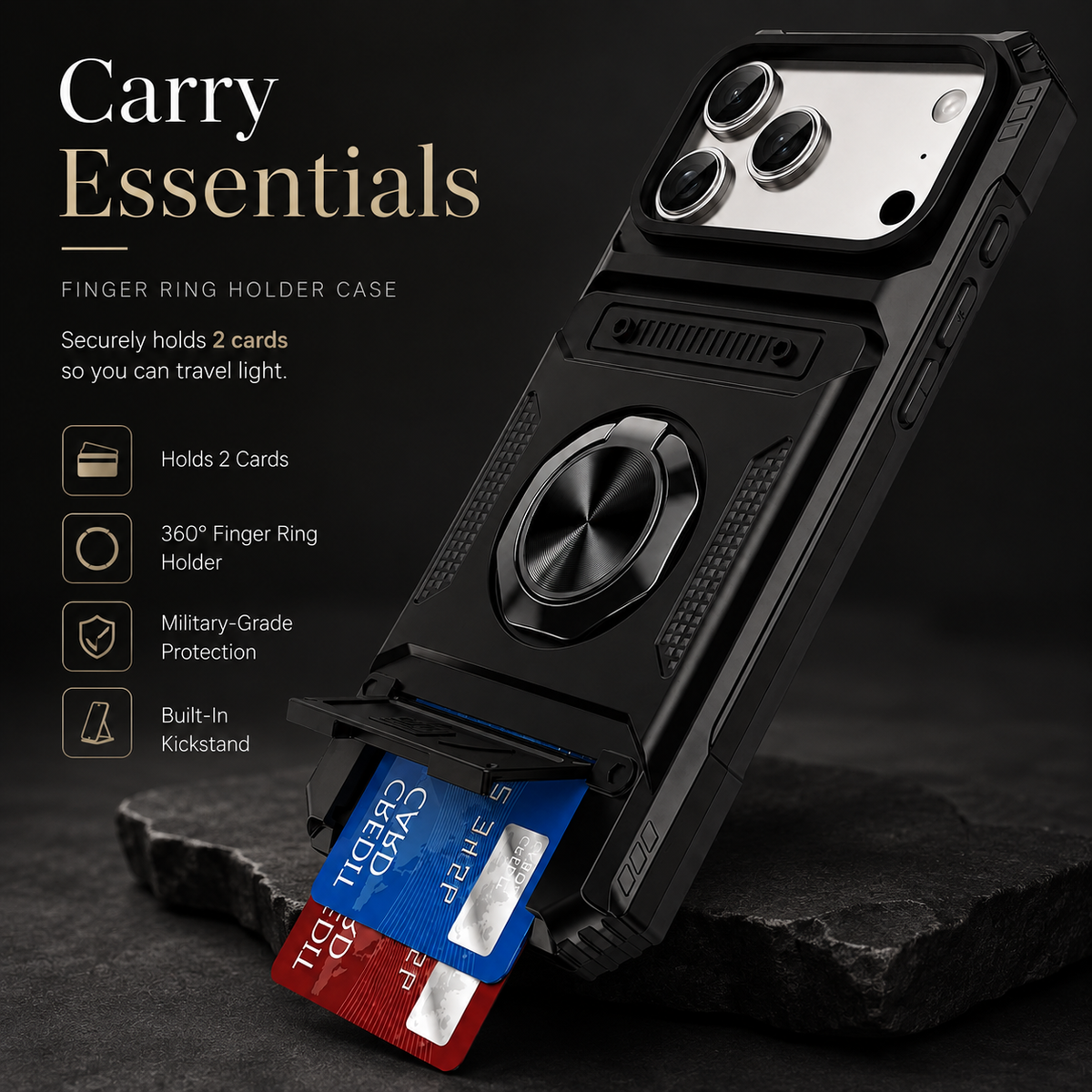 Premium iPhone Case Magnetic Wallet Cover Rotating Ring Kickstand Heavy Duty Drop Protection Card Holder Shockproof Camera Lens Guard Slim Design