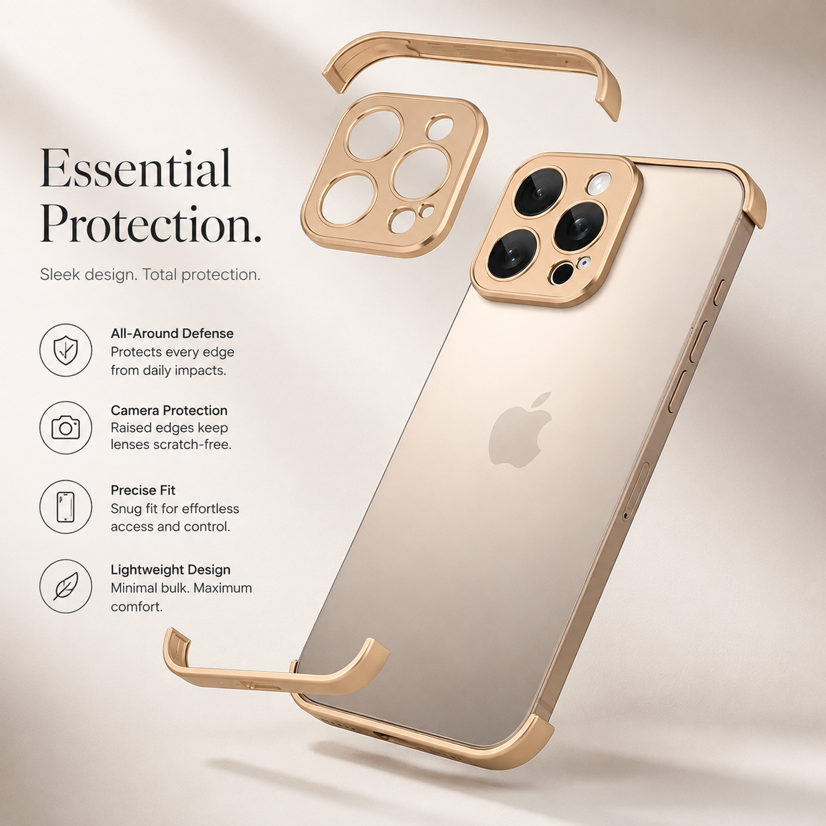 Premium iPhone Case Metal Frameless Bumper Camera Lens Protection Corner Pads Shockproof Slim Backless Reinforced Edge Protective Frame Cover Case