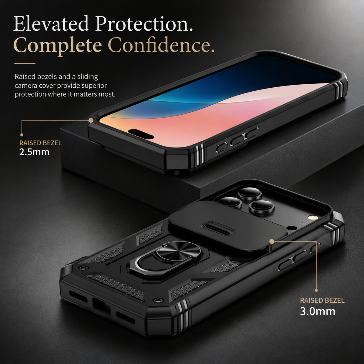 Premium iPhone Case Military Armor Camera Slide Cover 360 Rotating Magnetic Ring Holder Heavy Duty PC TPU Anti Scratch Non Slip Protective Case