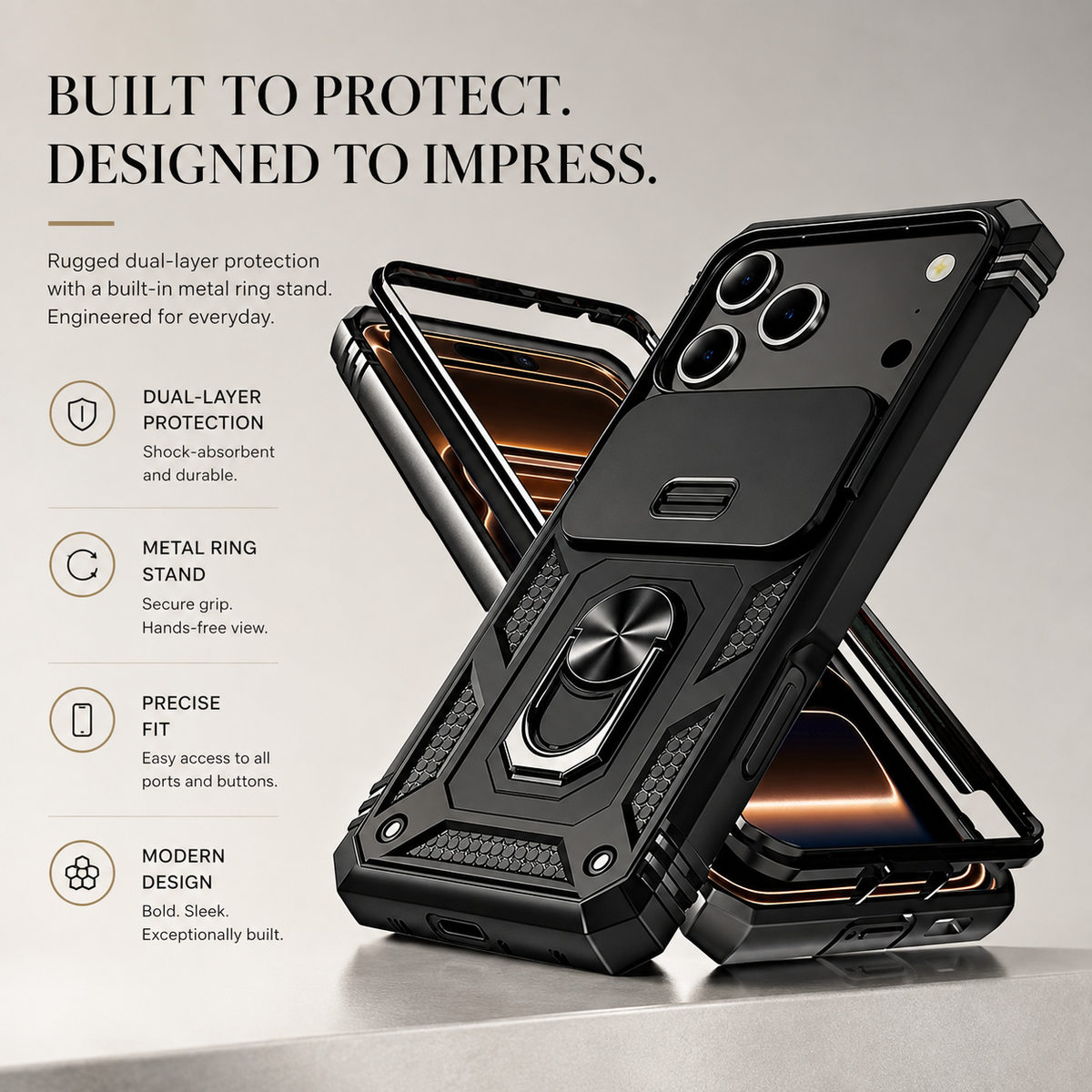 Premium iPhone Case Military Armor Camera Slide Cover 360 Rotating Magnetic Ring Holder Heavy Duty PC TPU Anti Scratch Non Slip Protective Case