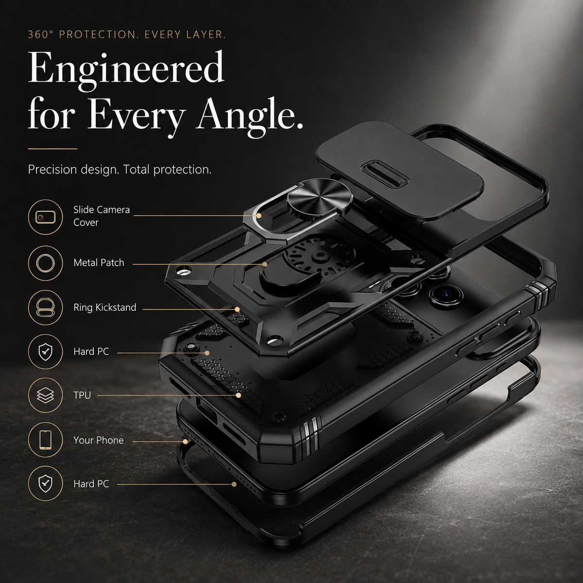 Premium iPhone Case Military Armor Camera Slide Cover 360 Rotating Magnetic Ring Holder Heavy Duty PC TPU Anti Scratch Non Slip Protective Case