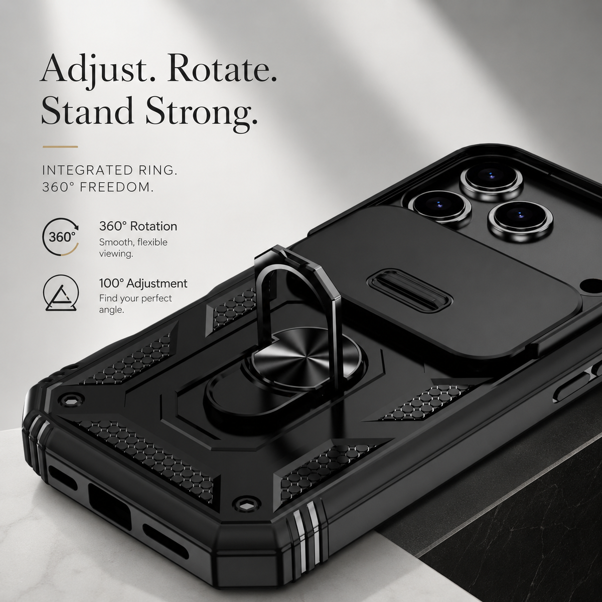 Premium iPhone Case Military Armor Camera Slide Cover 360 Rotating Magnetic Ring Holder Heavy Duty PC TPU Anti Scratch Non Slip Protective Case