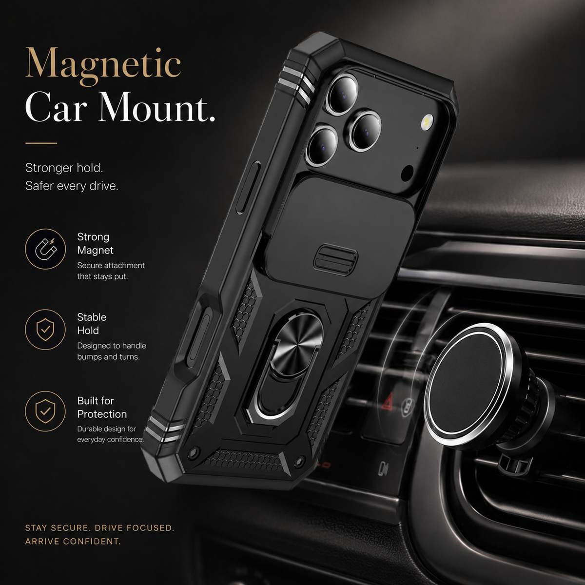 Premium iPhone Case Military Armor Camera Slide Cover 360 Rotating Magnetic Ring Holder Heavy Duty PC TPU Anti Scratch Non Slip Protective Case