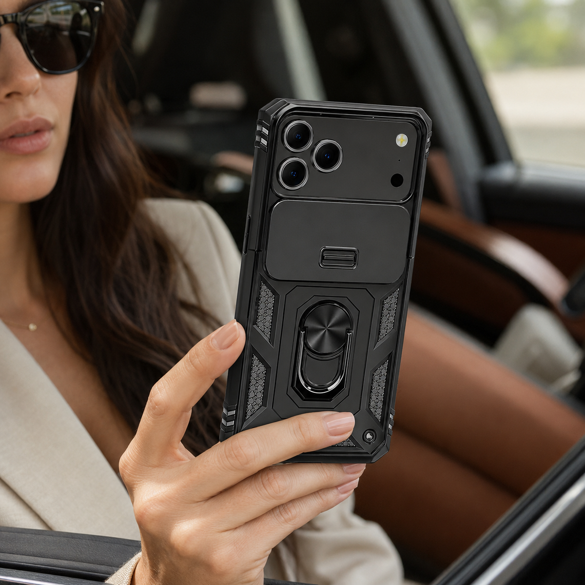 Premium iPhone Case Military Armor Camera Slide Cover 360 Rotating Magnetic Ring Holder Heavy Duty PC TPU Anti Scratch Non Slip Protective Case