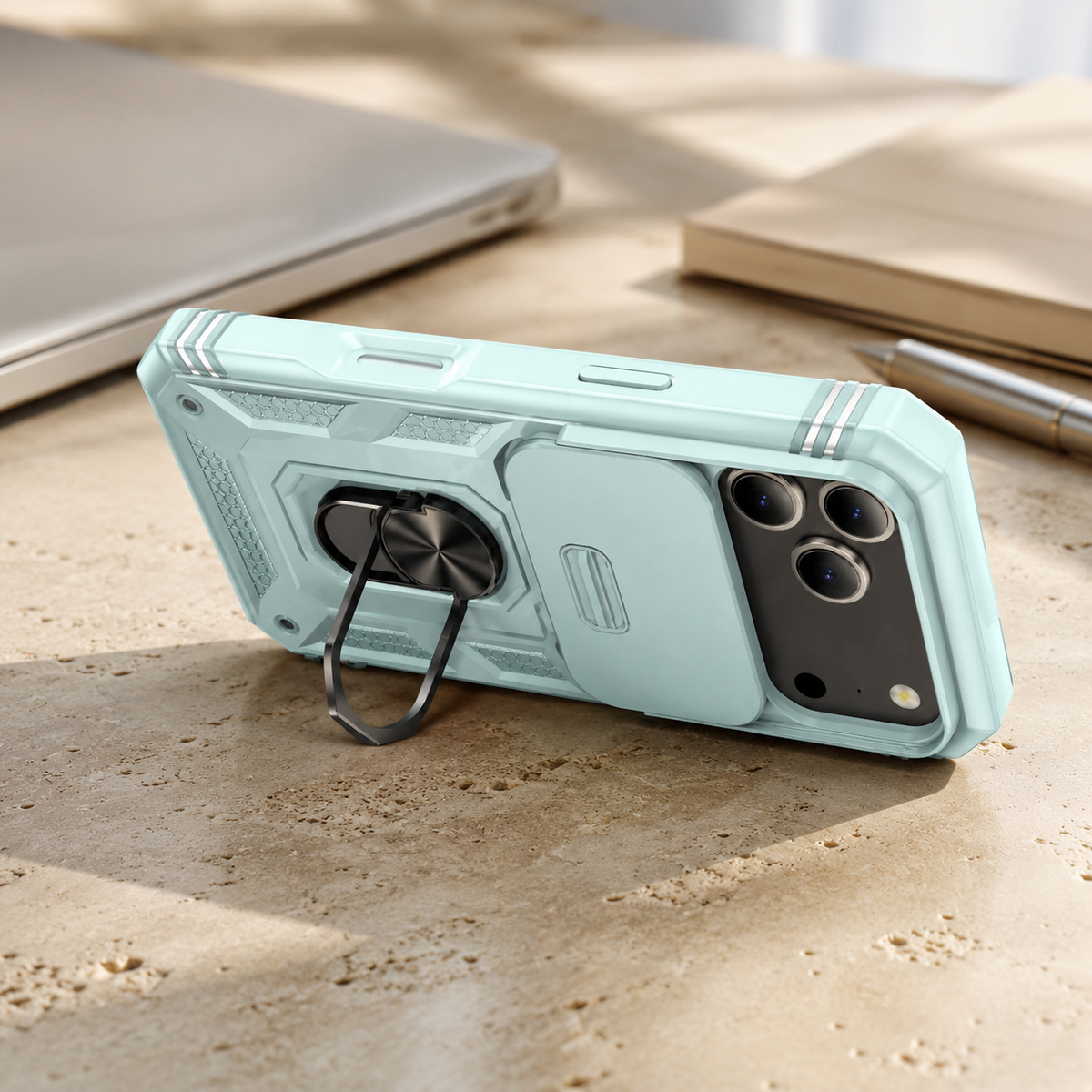 Premium iPhone Case Military Armor Camera Slide Cover 360 Rotating Magnetic Ring Holder Heavy Duty PC TPU Anti Scratch Non Slip Protective Case