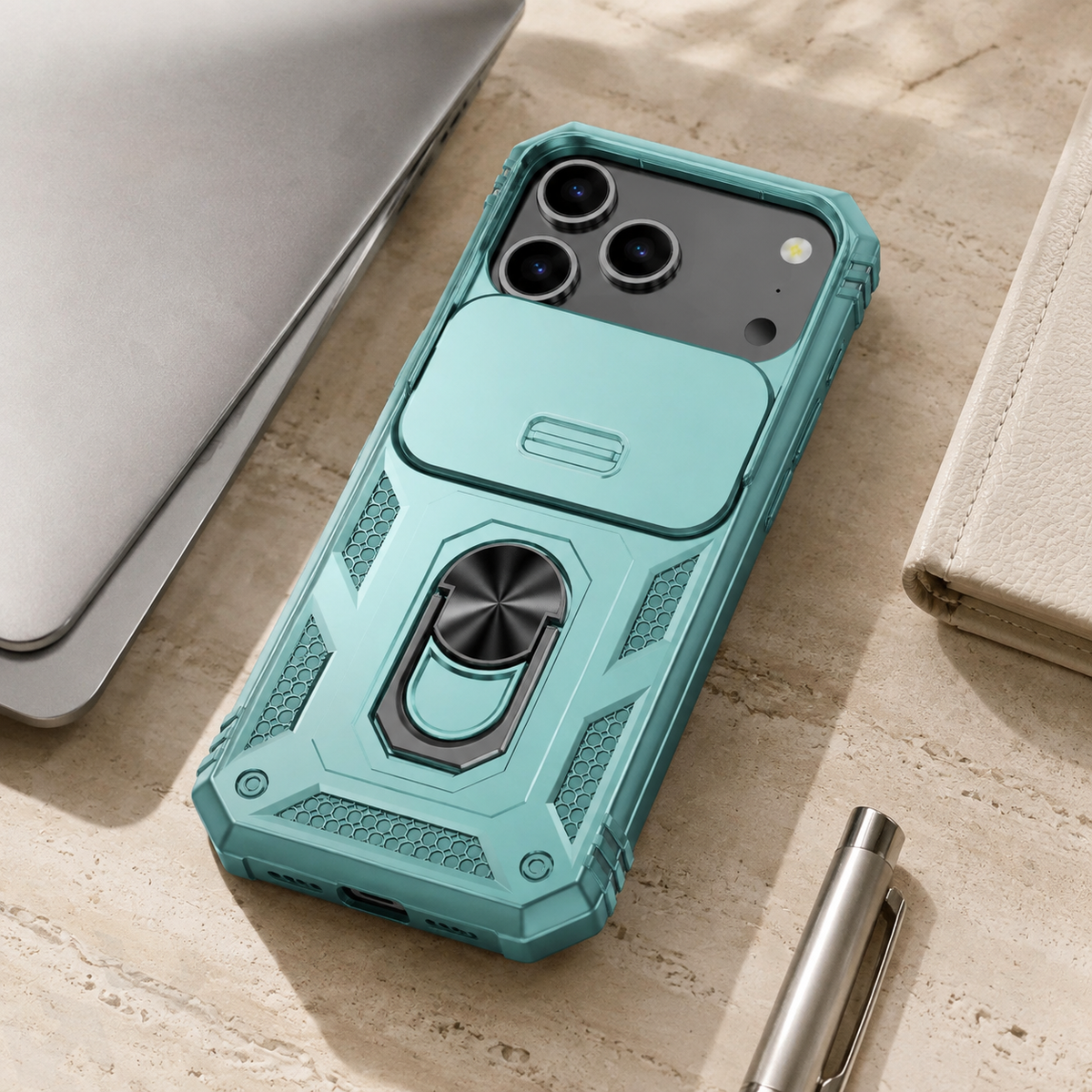 Premium iPhone Case Military Armor Camera Slide Cover 360 Rotating Magnetic Ring Holder Heavy Duty PC TPU Anti Scratch Non Slip Protective Case
