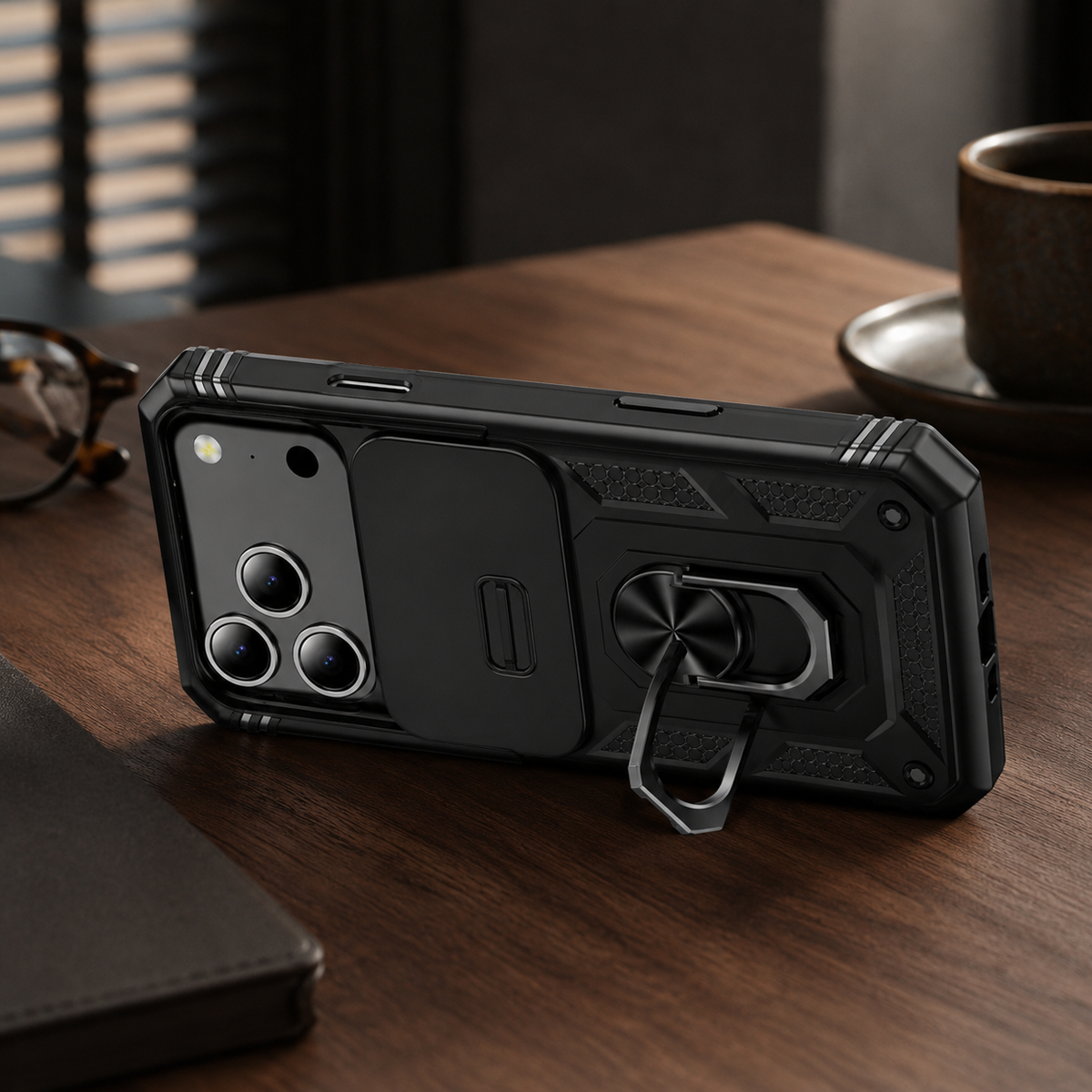 Premium iPhone Case Military Armor Camera Slide Cover 360 Rotating Magnetic Ring Holder Heavy Duty PC TPU Anti Scratch Non Slip Protective Case