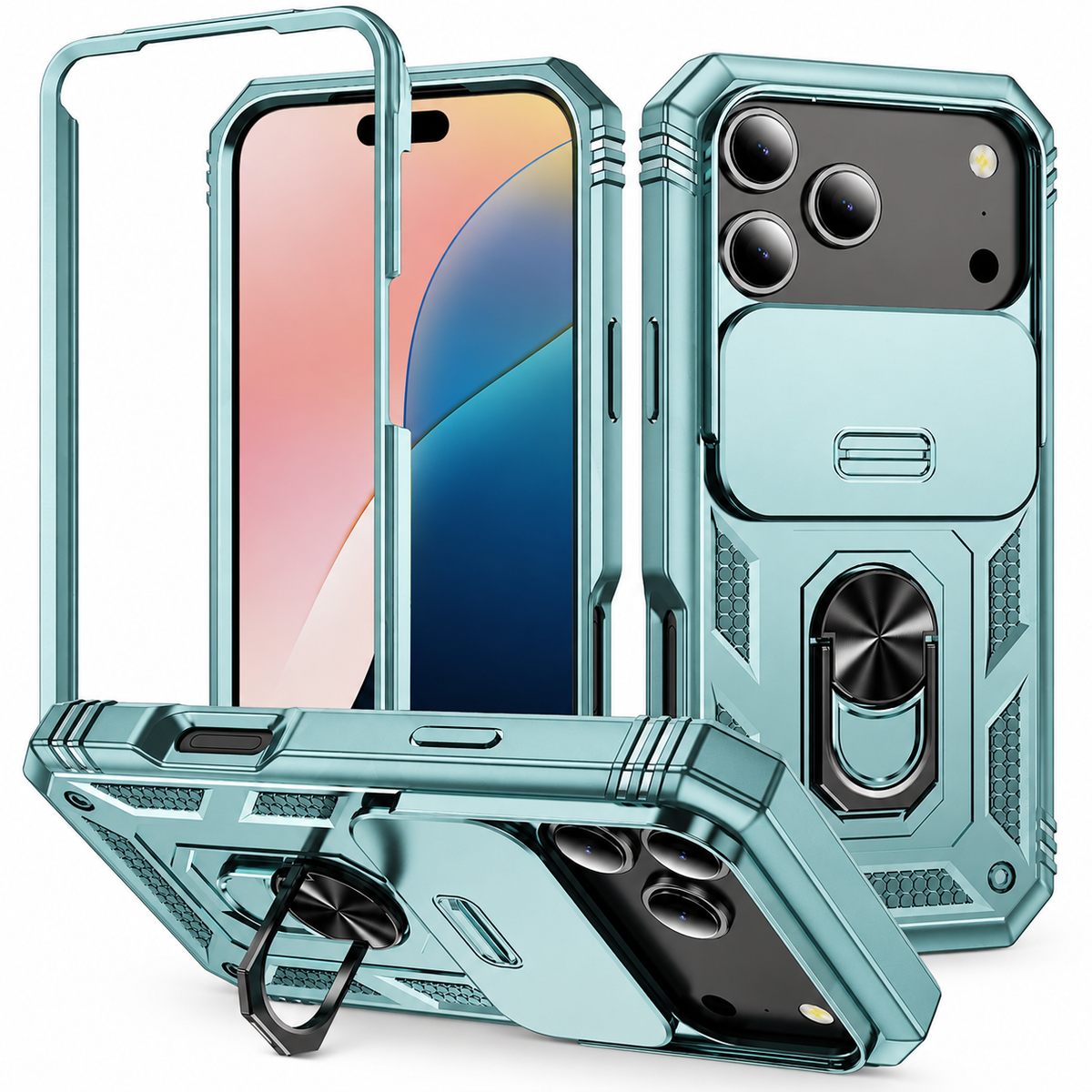 Premium iPhone Case Military Armor Camera Slide Cover 360 Rotating Magnetic Ring Holder Heavy Duty PC TPU Anti Scratch Non Slip Protective Case