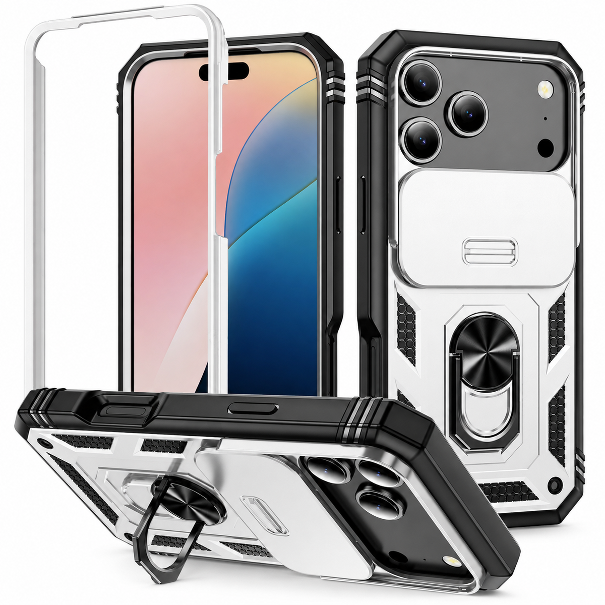 Premium iPhone Case Military Armor Camera Slide Cover 360 Rotating Magnetic Ring Holder Heavy Duty PC TPU Anti Scratch Non Slip Protective Case