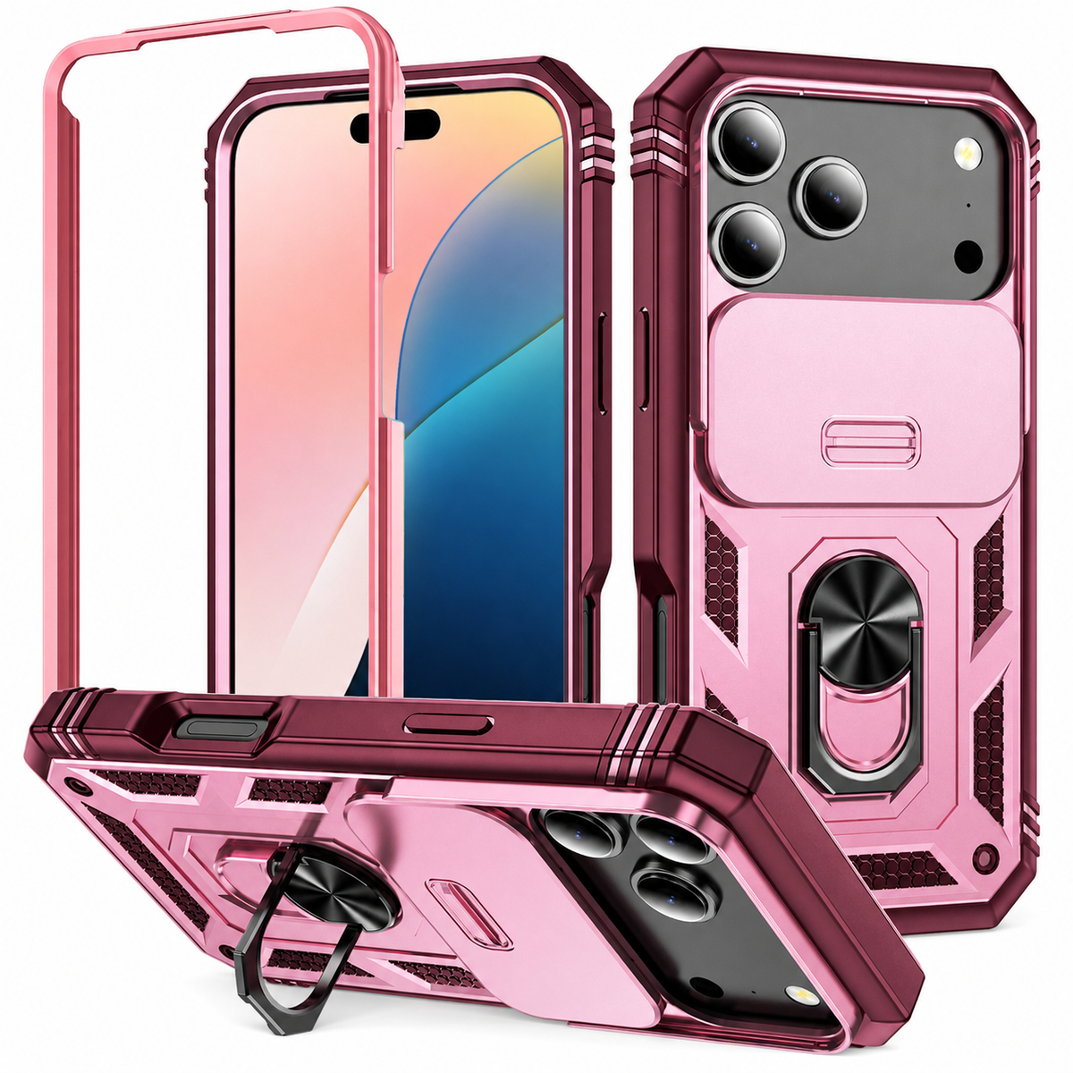 Premium iPhone Case Military Armor Camera Slide Cover 360 Rotating Magnetic Ring Holder Heavy Duty PC TPU Anti Scratch Non Slip Protective Case