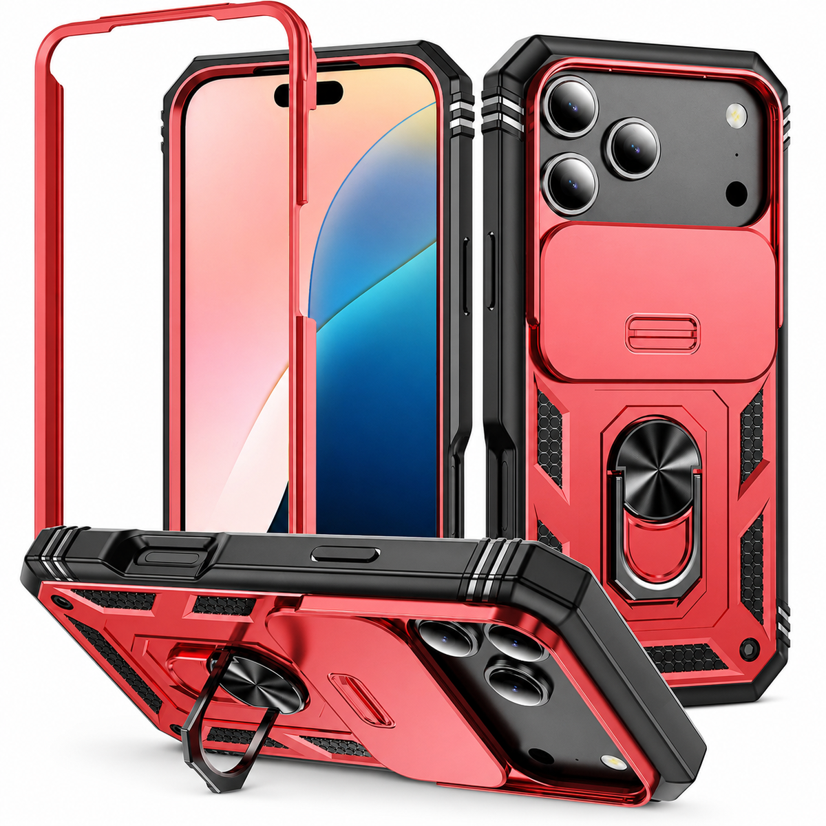 Premium iPhone Case Military Armor Camera Slide Cover 360 Rotating Magnetic Ring Holder Heavy Duty PC TPU Anti Scratch Non Slip Protective Case