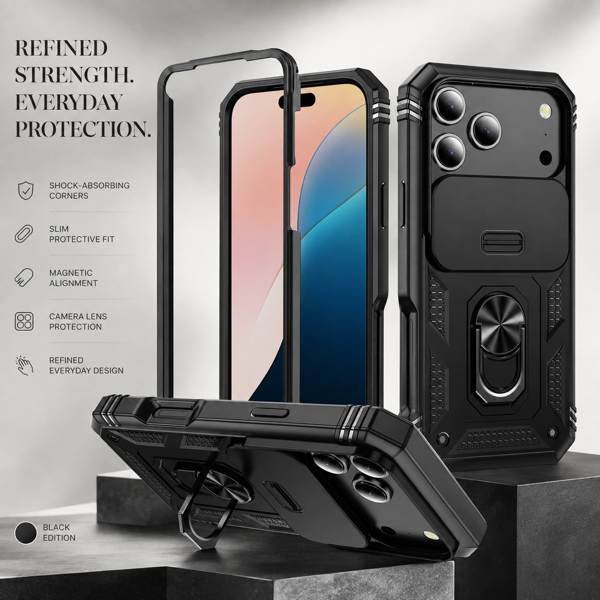 Premium iPhone Case Military Armor Camera Slide Cover 360 Rotating Magnetic Ring Holder Heavy Duty PC TPU Anti Scratch Non Slip Protective Case