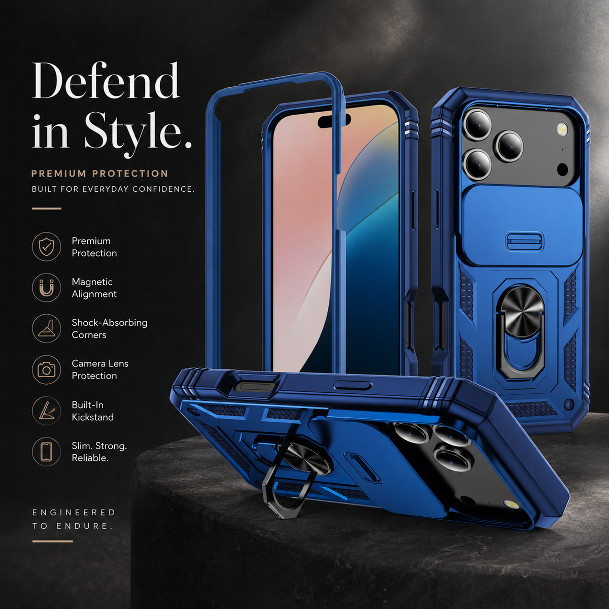Premium iPhone Case Military Armor Camera Slide Cover 360 Rotating Magnetic Ring Holder Heavy Duty PC TPU Anti Scratch Non Slip Protective Case