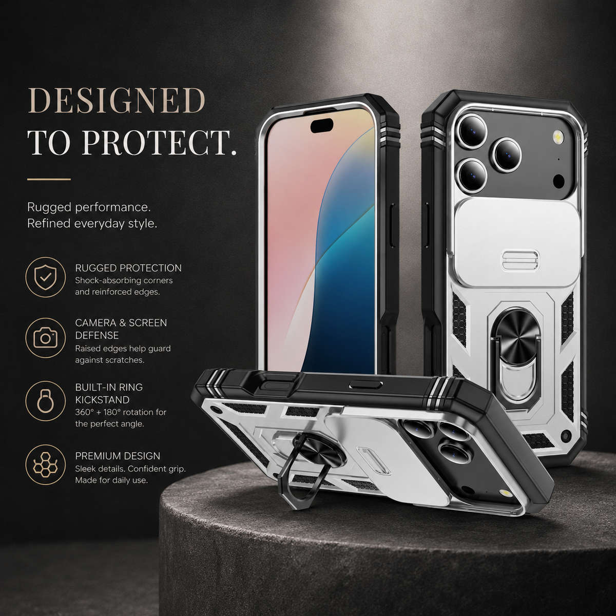 Premium iPhone Case Military Armor Camera Slide Cover 360 Rotating Magnetic Ring Holder Heavy Duty PC TPU Anti Scratch Non Slip Protective Case