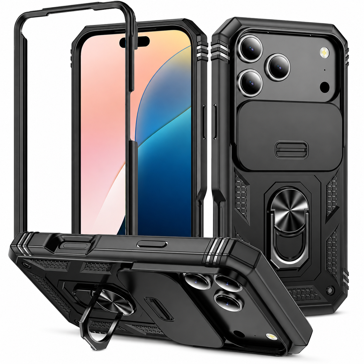 Premium iPhone Case Military Armor Camera Slide Cover 360 Rotating Magnetic Ring Holder Heavy Duty PC TPU Anti Scratch Non Slip Protective Case