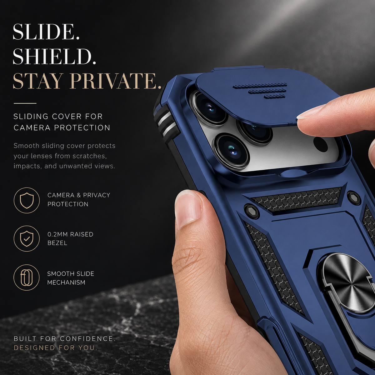 Premium iPhone Case Military Armor Rotating Ring Stand Slide Camera Lens Cover Shockproof Heavy Duty Anti Scratch Non Slip Protective Bumper Case