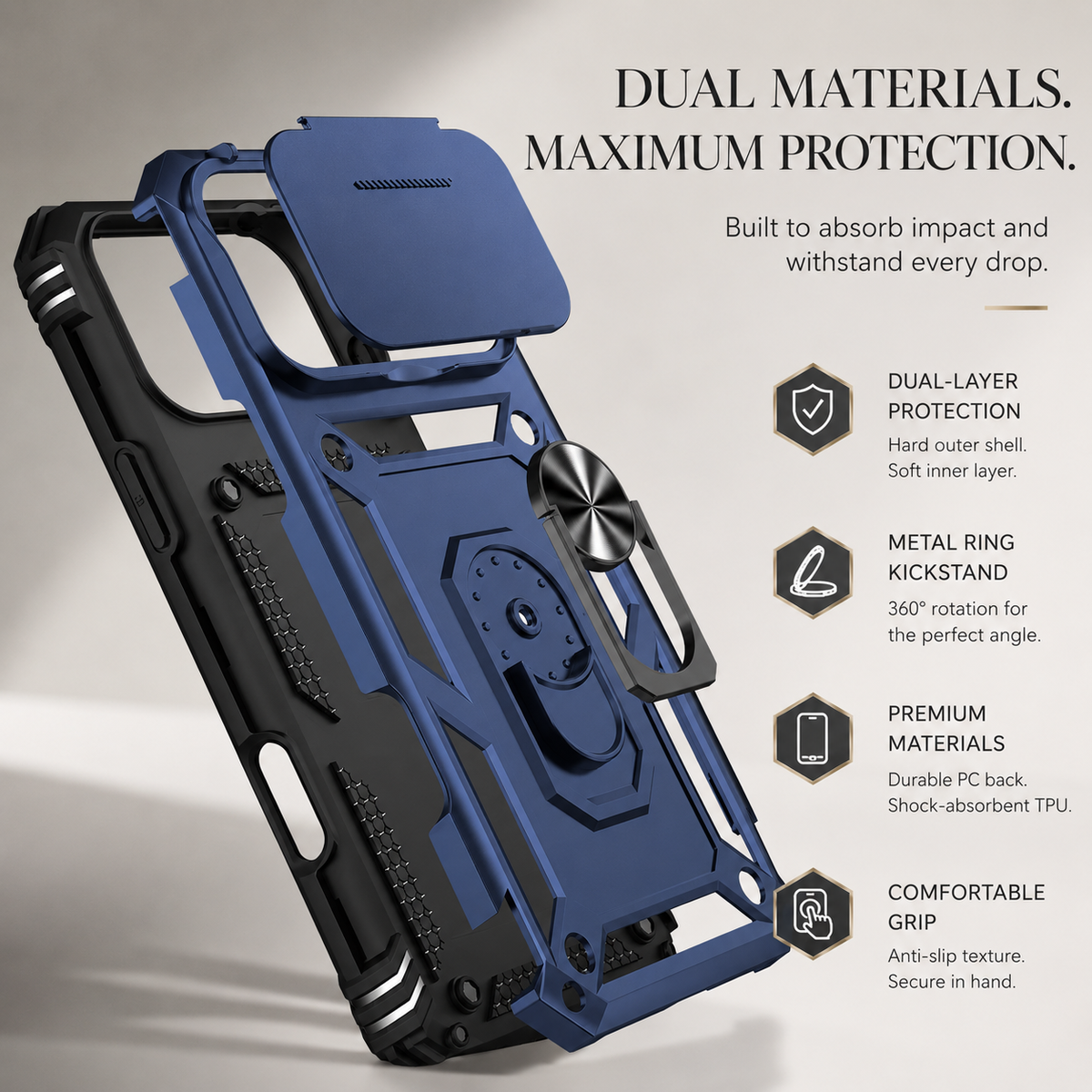 Premium iPhone Case Military Armor Rotating Ring Stand Slide Camera Lens Cover Shockproof Heavy Duty Anti Scratch Non Slip Protective Bumper Case