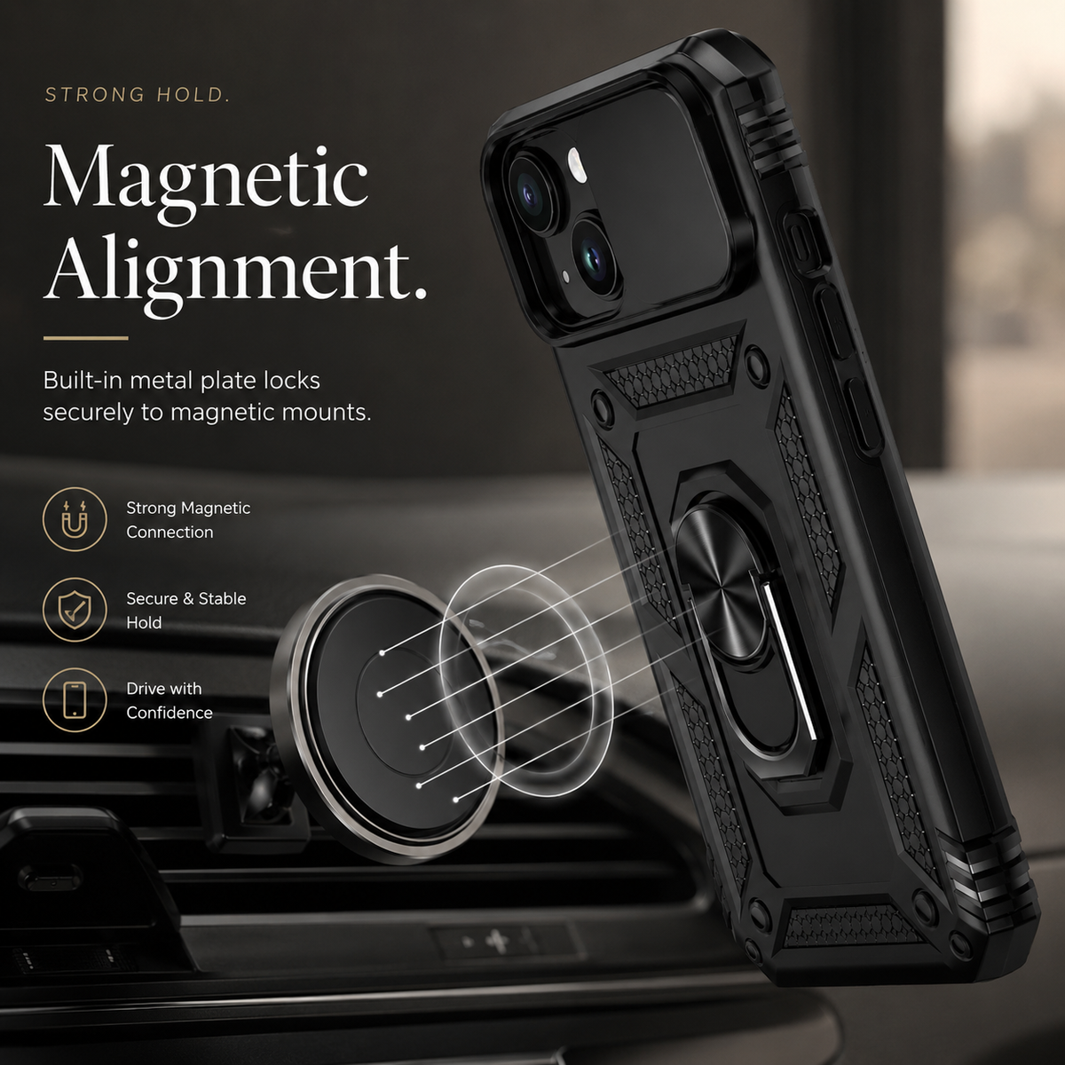 Premium iPhone Case Military Armor Rotating Ring Stand Slide Camera Lens Cover Shockproof Heavy Duty Anti Scratch Non Slip Protective Bumper Case