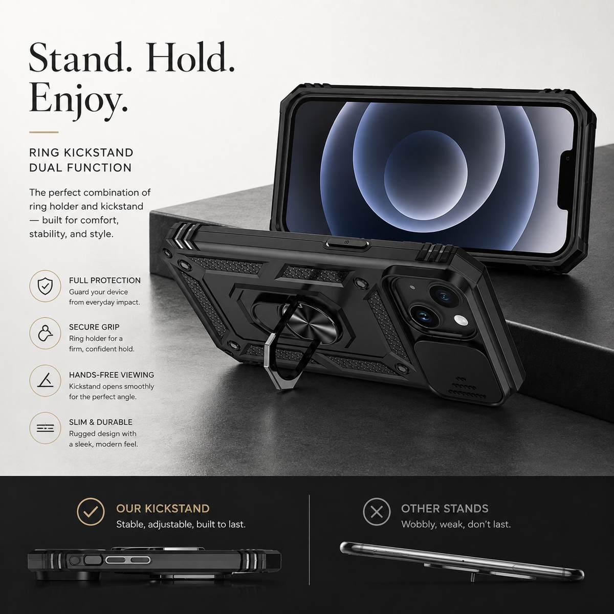 Premium iPhone Case Military Armor Rotating Ring Stand Slide Camera Lens Cover Shockproof Heavy Duty Anti Scratch Non Slip Protective Bumper Case