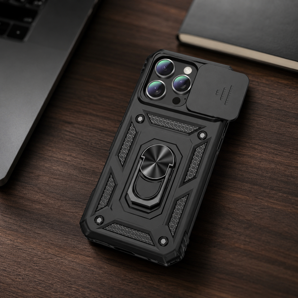 Premium iPhone Case Military Armor Rotating Ring Stand Slide Camera Lens Cover Shockproof Heavy Duty Anti Scratch Non Slip Protective Bumper Case