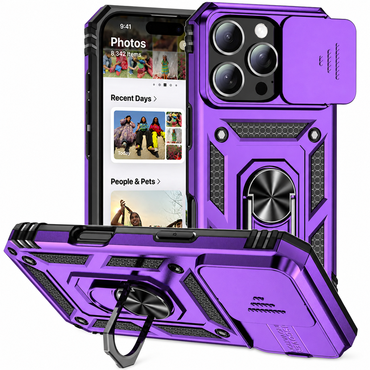 Premium iPhone Case Military Armor Rotating Ring Stand Slide Camera Lens Cover Shockproof Heavy Duty Anti Scratch Non Slip Protective Bumper Case
