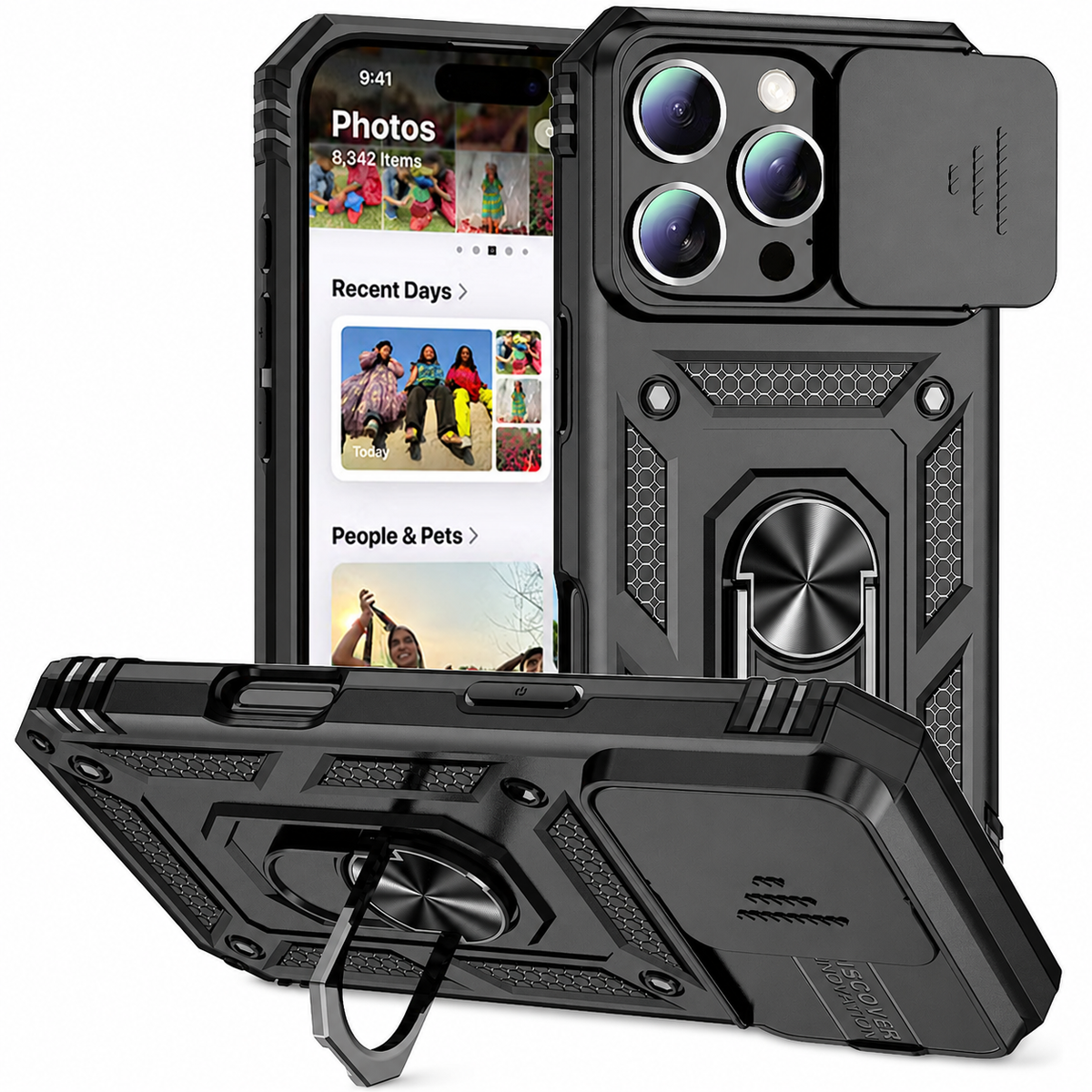 Premium iPhone Case Military Armor Rotating Ring Stand Slide Camera Lens Cover Shockproof Heavy Duty Anti Scratch Non Slip Protective Bumper Case