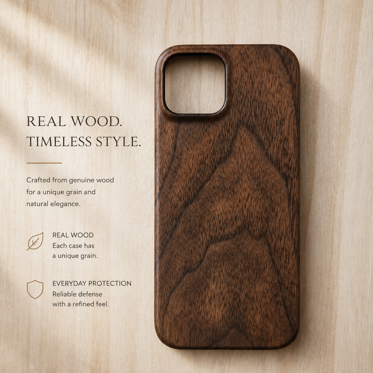 Premium iPhone Case Natural Wood Hard Back Protective Cover Walnut Ebony Bamboo Rosewood Anti Scratch Dust Resistant Non Slip Slim Lightweight Minimalist