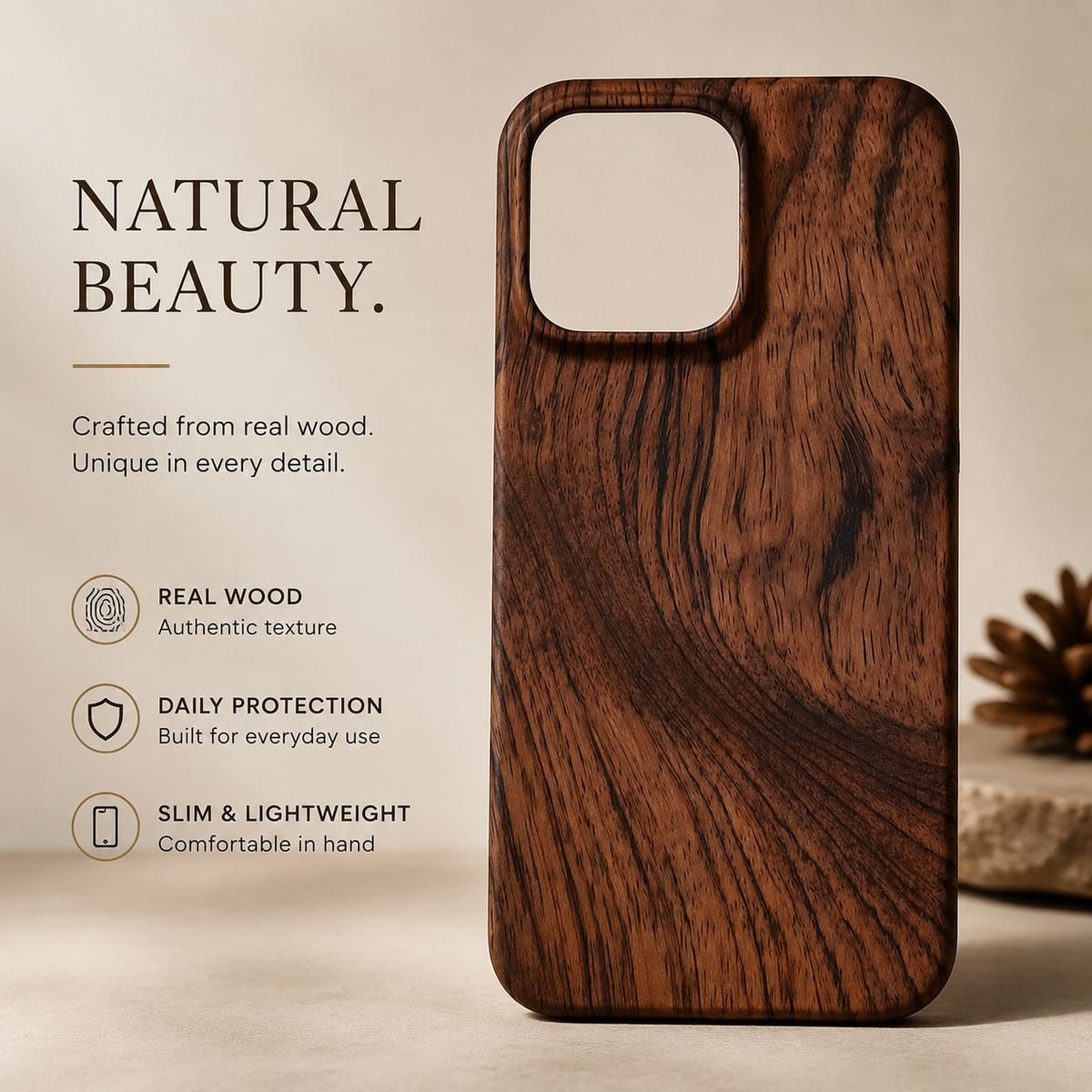 Premium iPhone Case Natural Wood Hard Back Protective Cover Walnut Ebony Bamboo Rosewood Anti Scratch Dust Resistant Non Slip Slim Lightweight Minimalist