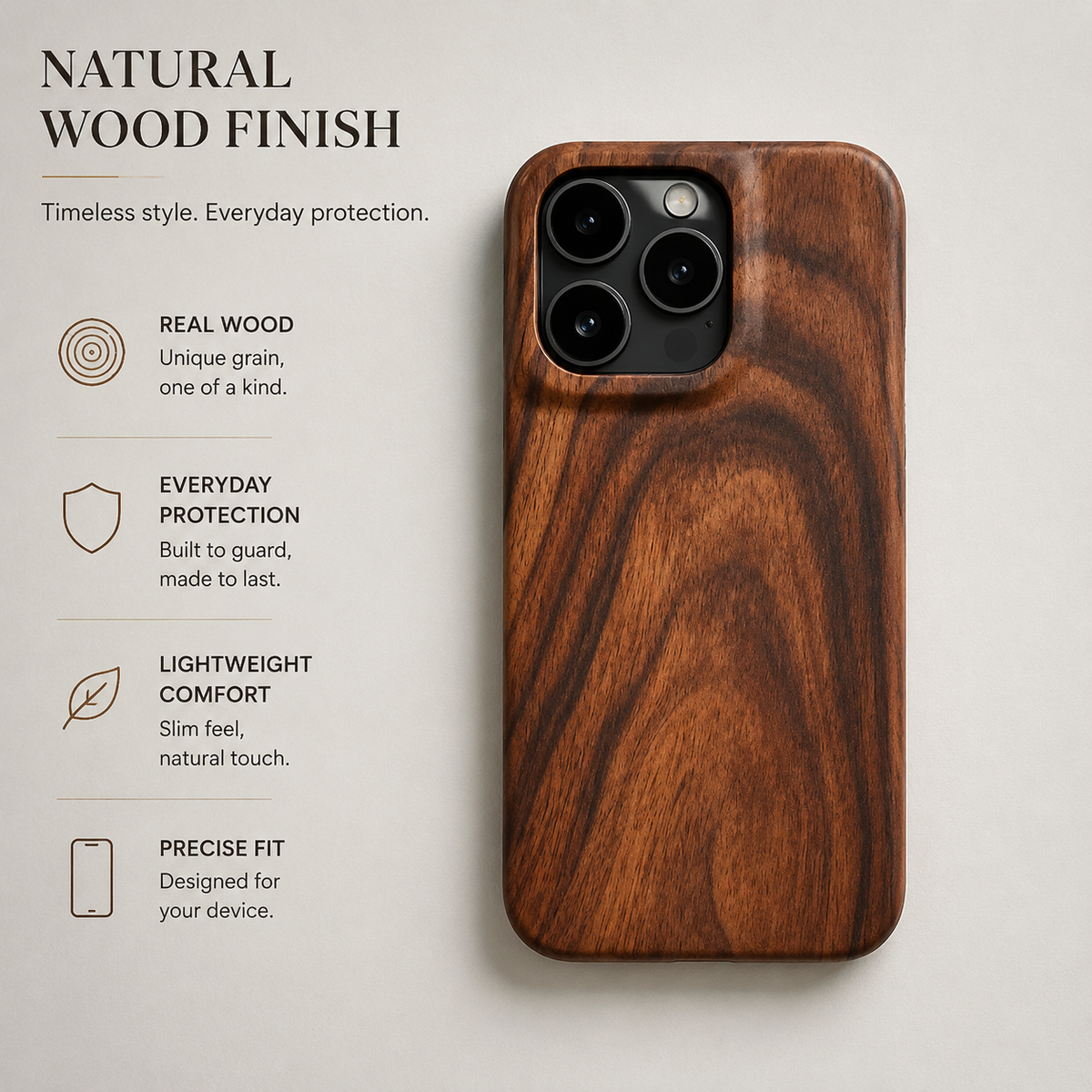 Premium iPhone Case Natural Wood Hard Back Protective Cover Walnut Ebony Bamboo Rosewood Anti Scratch Dust Resistant Non Slip Slim Lightweight Minimalist