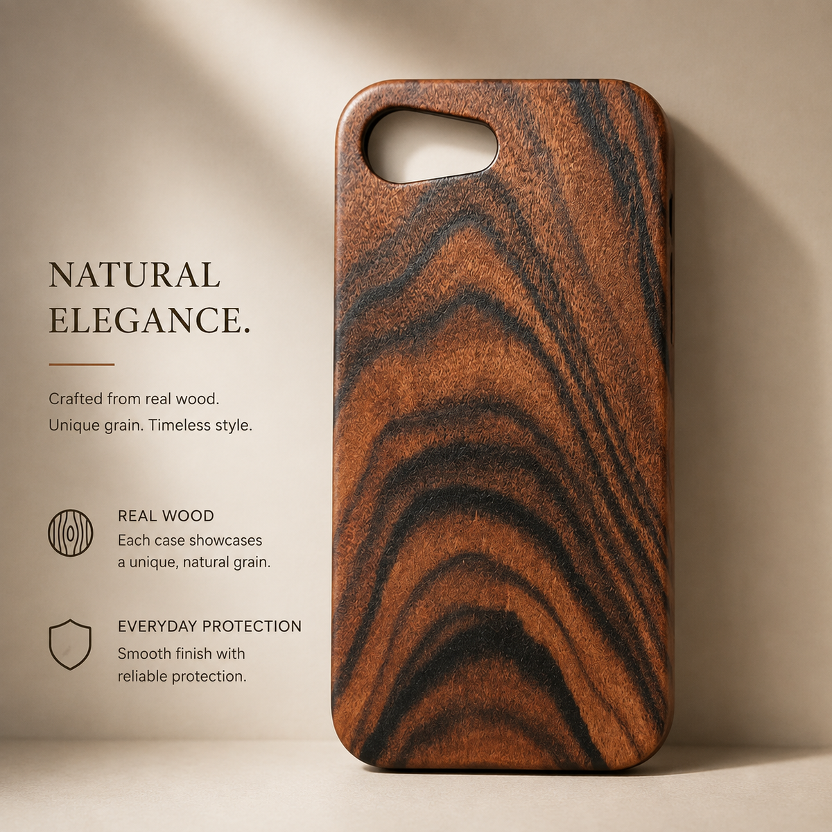 Premium iPhone Case Natural Wood Hard Back Protective Cover Walnut Ebony Bamboo Rosewood Anti Scratch Dust Resistant Non Slip Slim Lightweight Minimalist