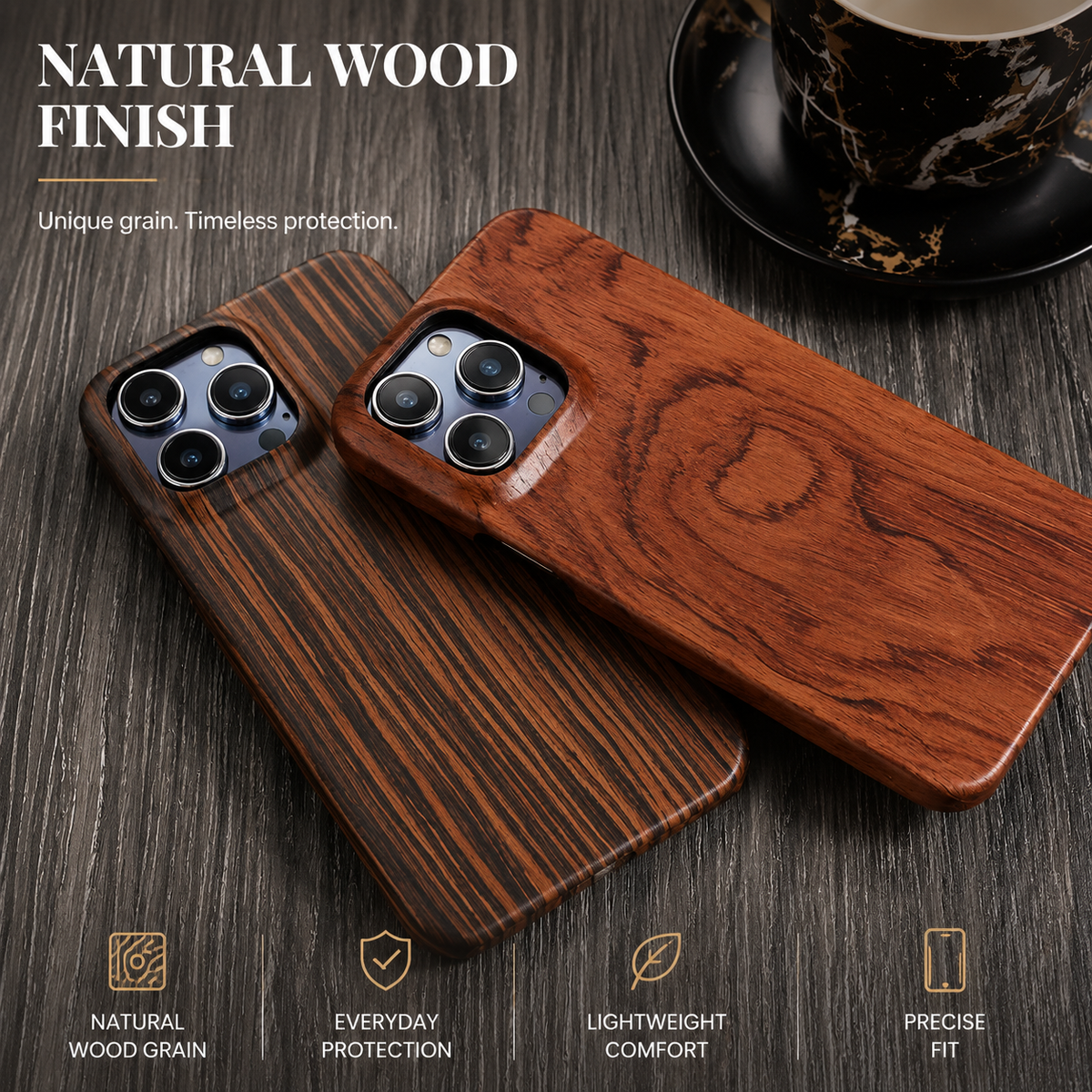 Premium iPhone Case Natural Wood Hard Back Protective Cover Walnut Ebony Bamboo Rosewood Anti Scratch Dust Resistant Non Slip Slim Lightweight Minimalist