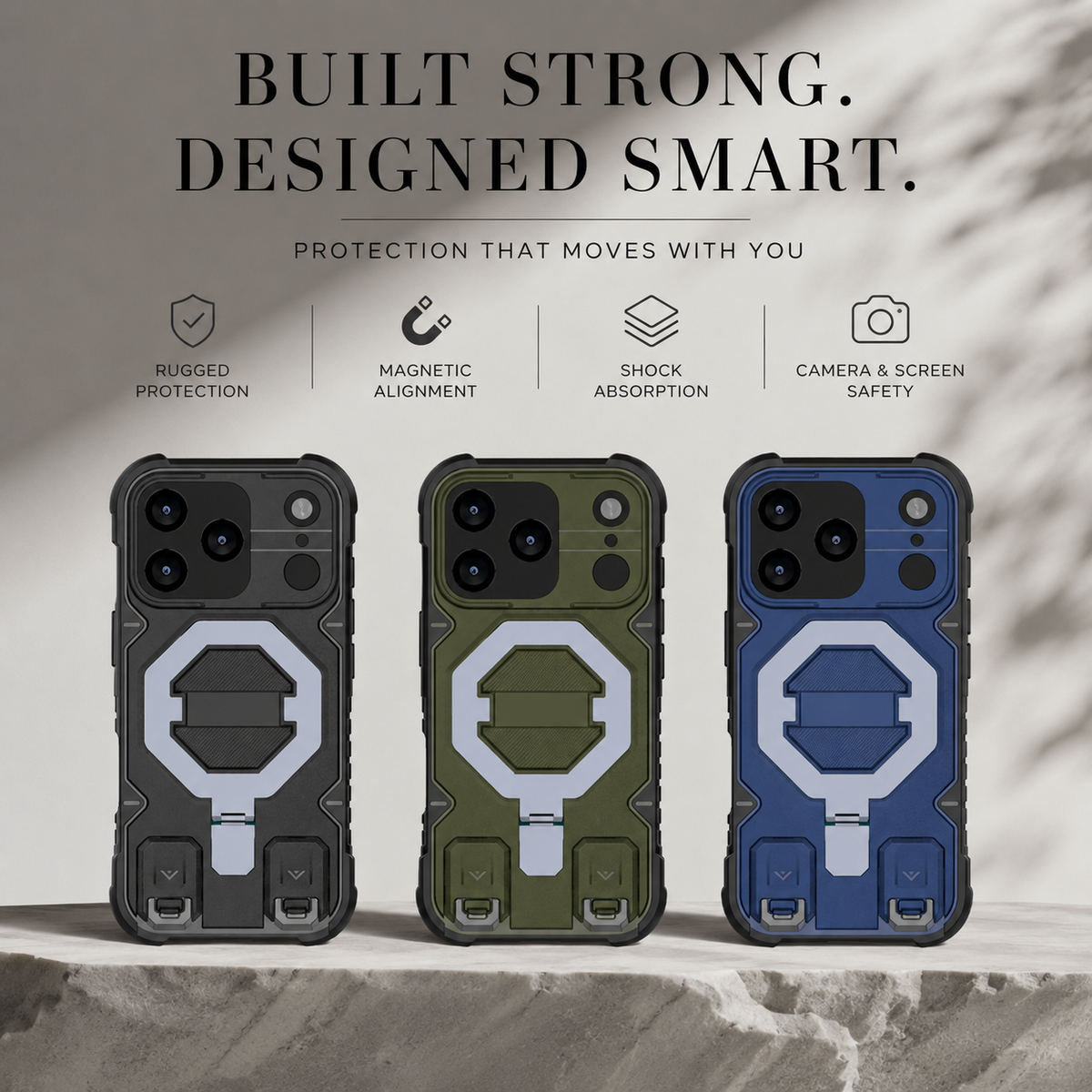 Premium iPhone Case Outdoor Armor Magnetic Metal Bracket Stand Shockproof PC Protective Cover Lanyard Non Slip Heavy Duty Reinforced Sports Bumper Case