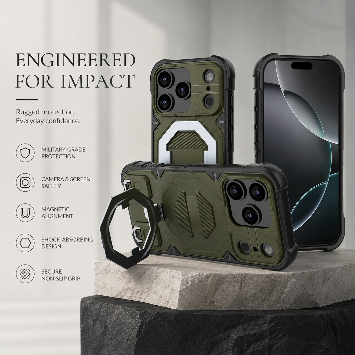 Premium iPhone Case Outdoor Armor Magnetic Metal Bracket Stand Shockproof PC Protective Cover Lanyard Non Slip Heavy Duty Reinforced Sports Bumper Case