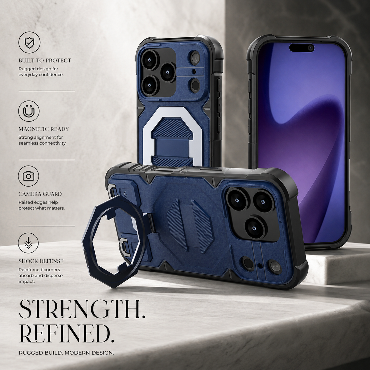 Premium iPhone Case Outdoor Armor Magnetic Metal Bracket Stand Shockproof PC Protective Cover Lanyard Non Slip Heavy Duty Reinforced Sports Bumper Case