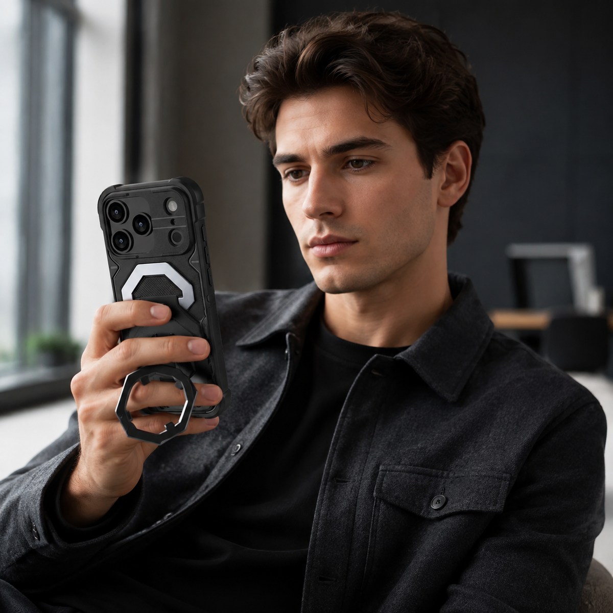 Premium iPhone Case Outdoor Armor Magnetic Metal Bracket Stand Shockproof PC Protective Cover Lanyard Non Slip Heavy Duty Reinforced Sports Bumper Case
