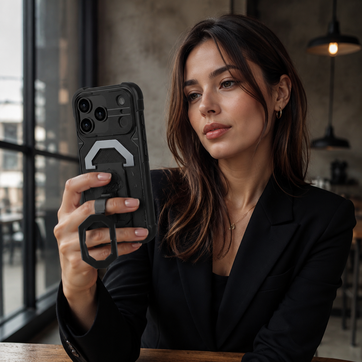 Premium iPhone Case Outdoor Armor Magnetic Metal Bracket Stand Shockproof PC Protective Cover Lanyard Non Slip Heavy Duty Reinforced Sports Bumper Case