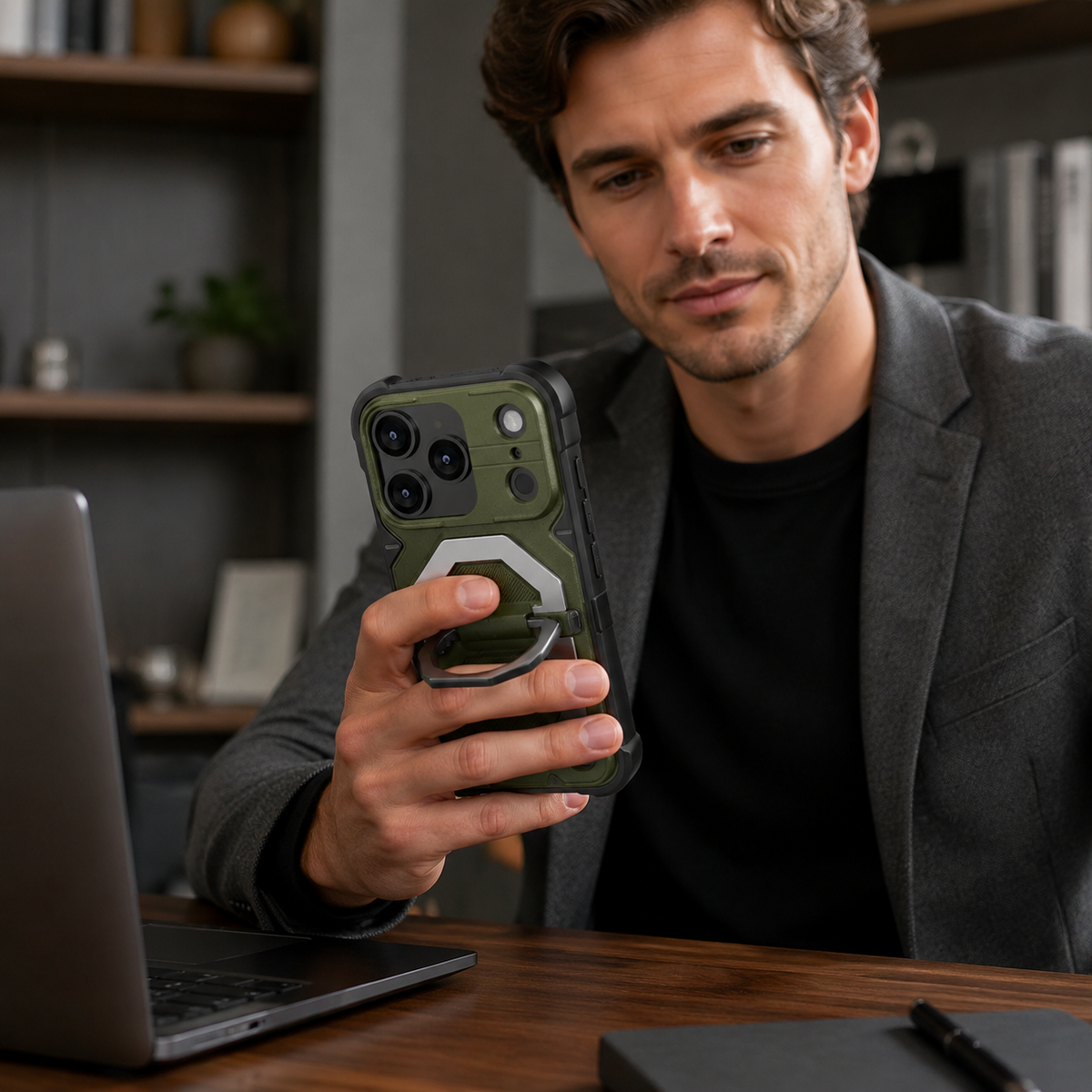 Premium iPhone Case Outdoor Armor Magnetic Metal Bracket Stand Shockproof PC Protective Cover Lanyard Non Slip Heavy Duty Reinforced Sports Bumper Case