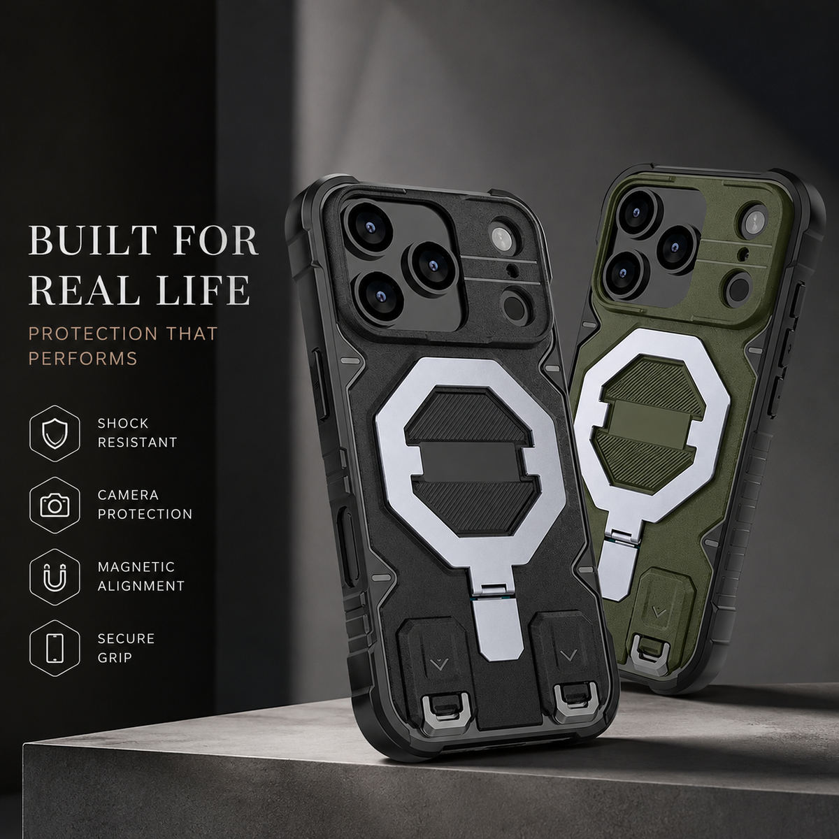 Premium iPhone Case Outdoor Armor Magnetic Metal Bracket Stand Shockproof PC Protective Cover Lanyard Non Slip Heavy Duty Reinforced Sports Bumper Case