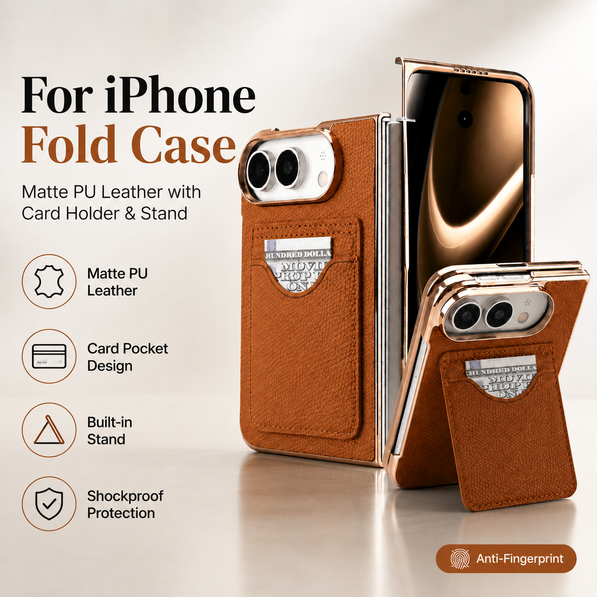 Premium iPhone Case PU Leather Foldable Stand Cover Shockproof Anti Scratch Matte Card Holder Protective Electroplated Frame Slim Full Coverage Secure