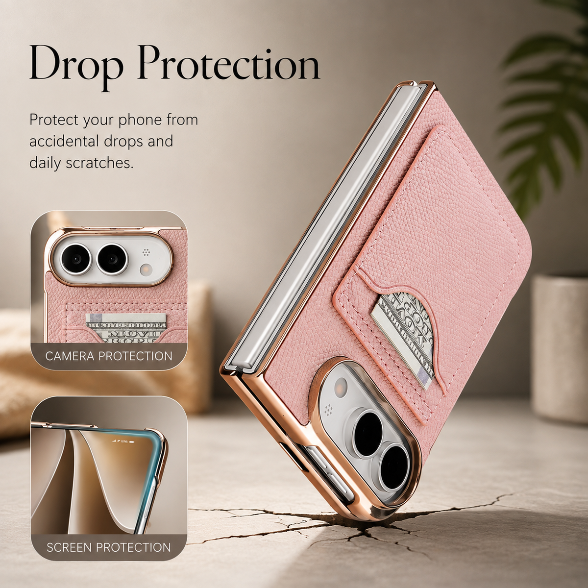 Premium iPhone Case PU Leather Foldable Stand Cover Shockproof Anti Scratch Matte Card Holder Protective Electroplated Frame Slim Full Coverage Secure