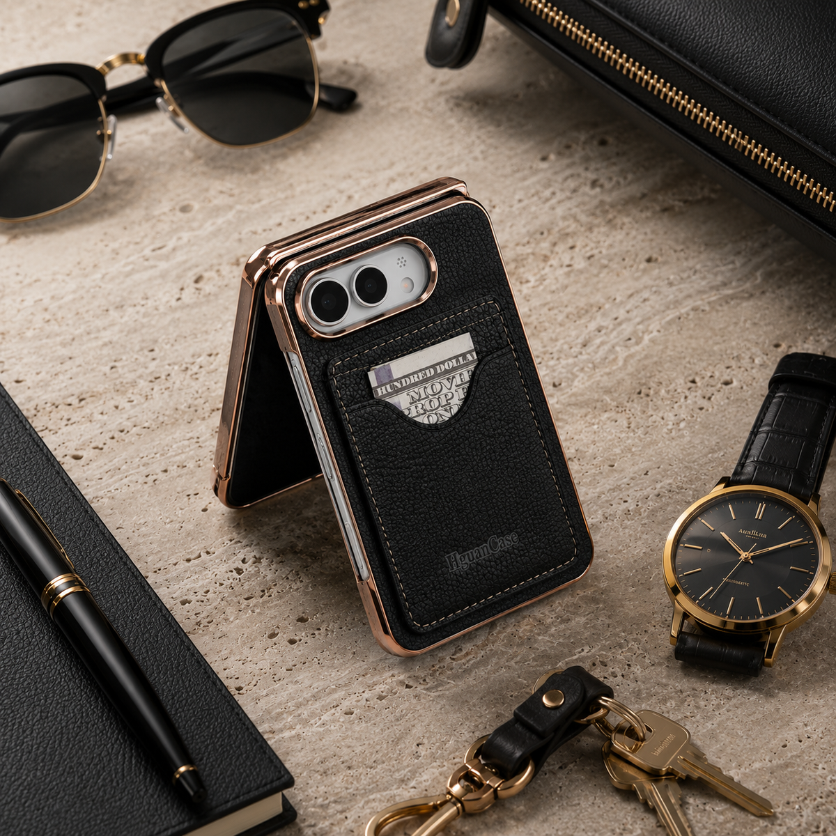 Premium iPhone Case PU Leather Foldable Stand Cover Shockproof Anti Scratch Matte Card Holder Protective Electroplated Frame Slim Full Coverage Secure